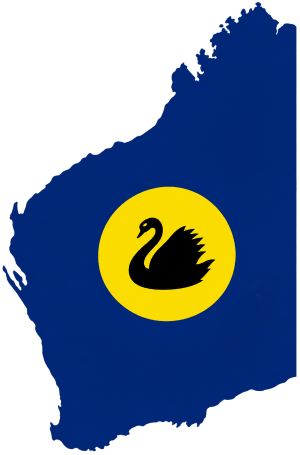 A silhouette of Western Australia in blue, with a yellow circle containing a black swan in the centre.